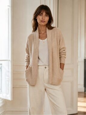 Max Studio 100% Cashmere Beige Open-Front Cozy Cardigan size Large